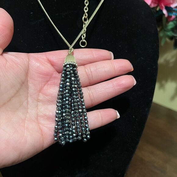 J. Crew Gray/Gold Tone Sparkle Beaded Tassel Pendant Necklace - Picture 2 of 3